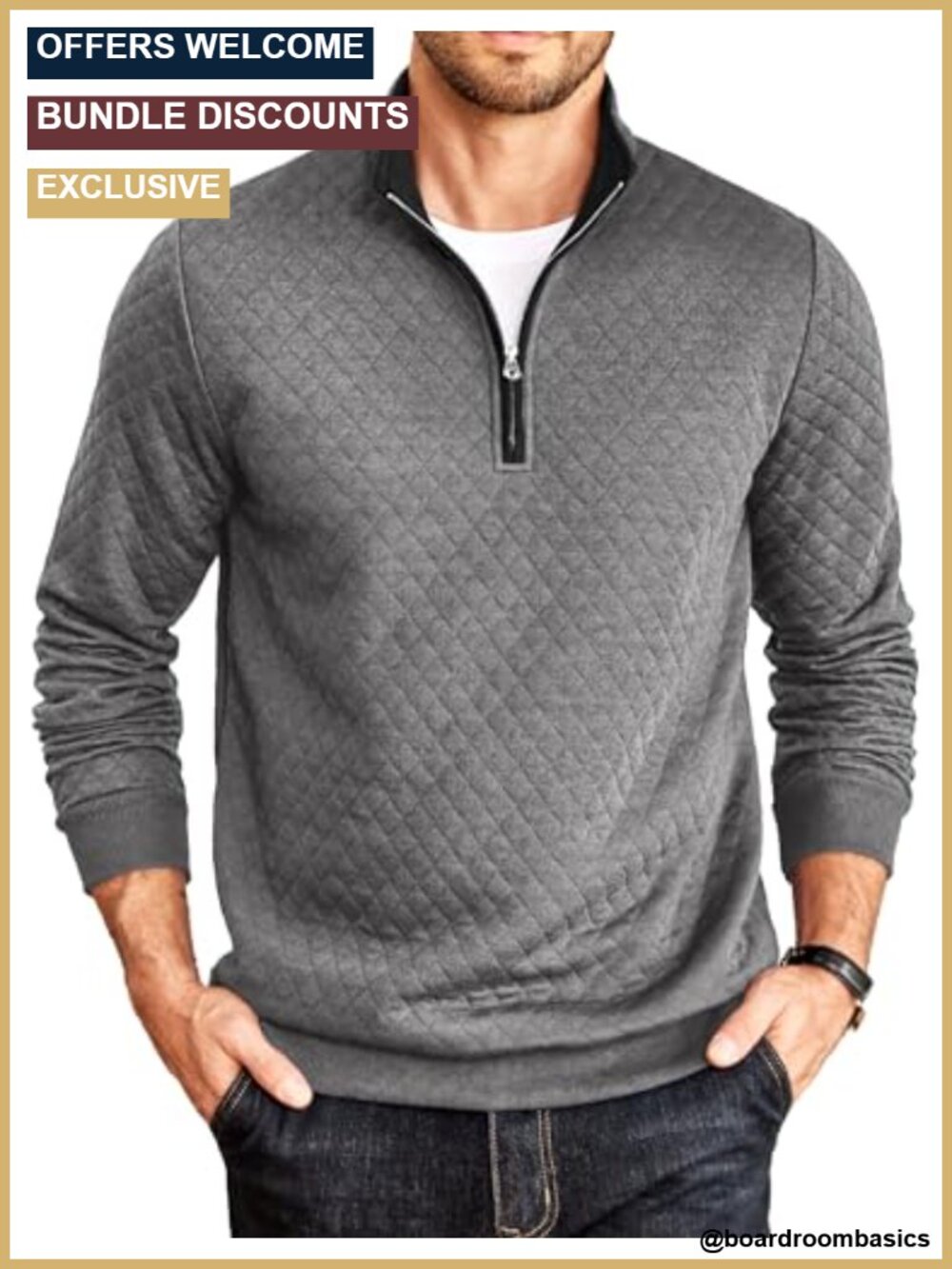 Men's Quarter Zip Pullover Quilted Mock Neck Sweatshirt 95% Polyester 5% Spandex